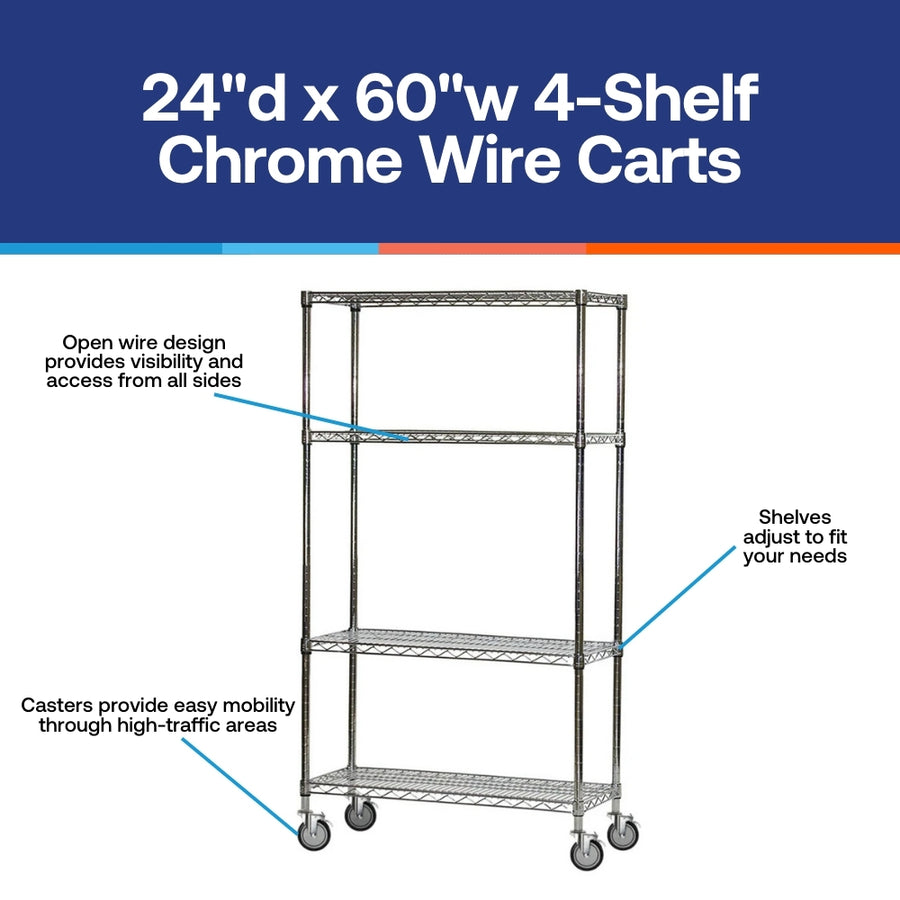 4-Shelf Chrome Wire Carts - 24"d x 60"w