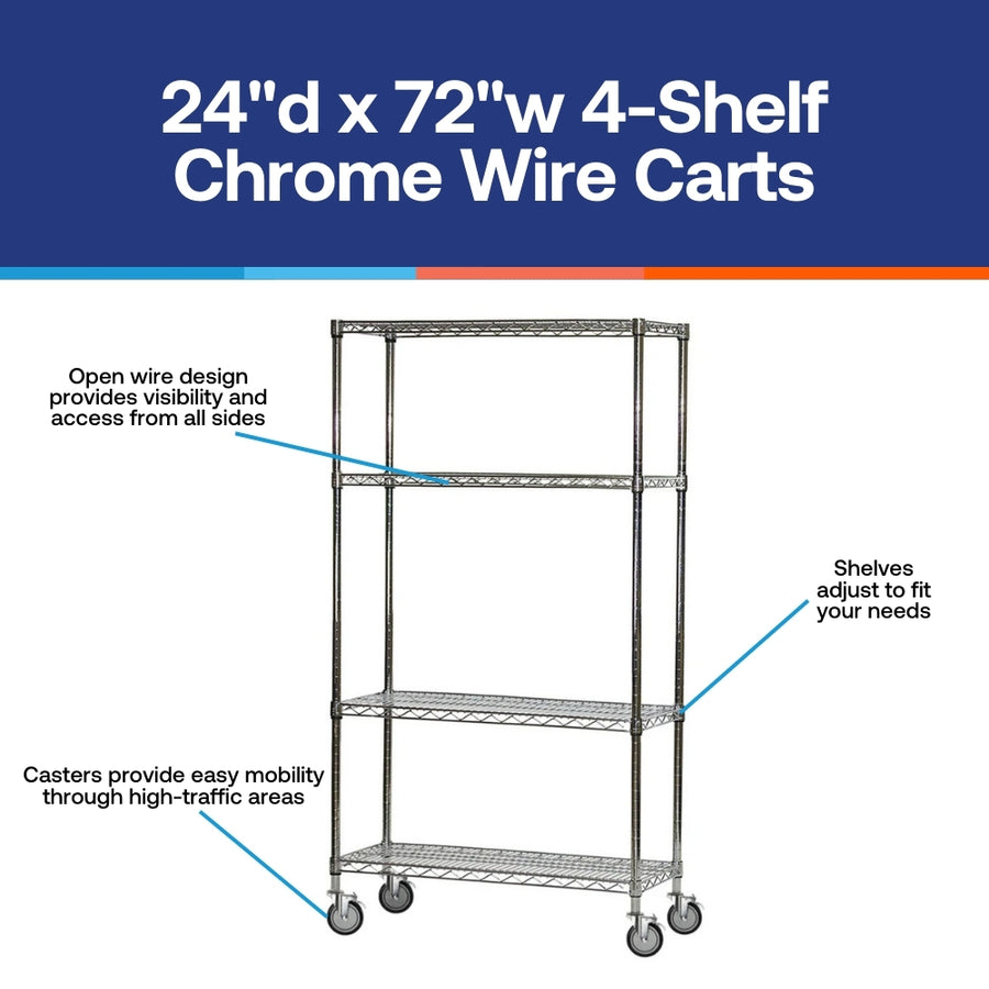 4-Shelf Chrome Wire Carts - 24"d x 72"w