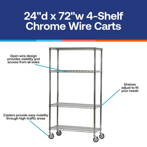 4-Shelf Chrome Wire Carts - 24"d x 72"w