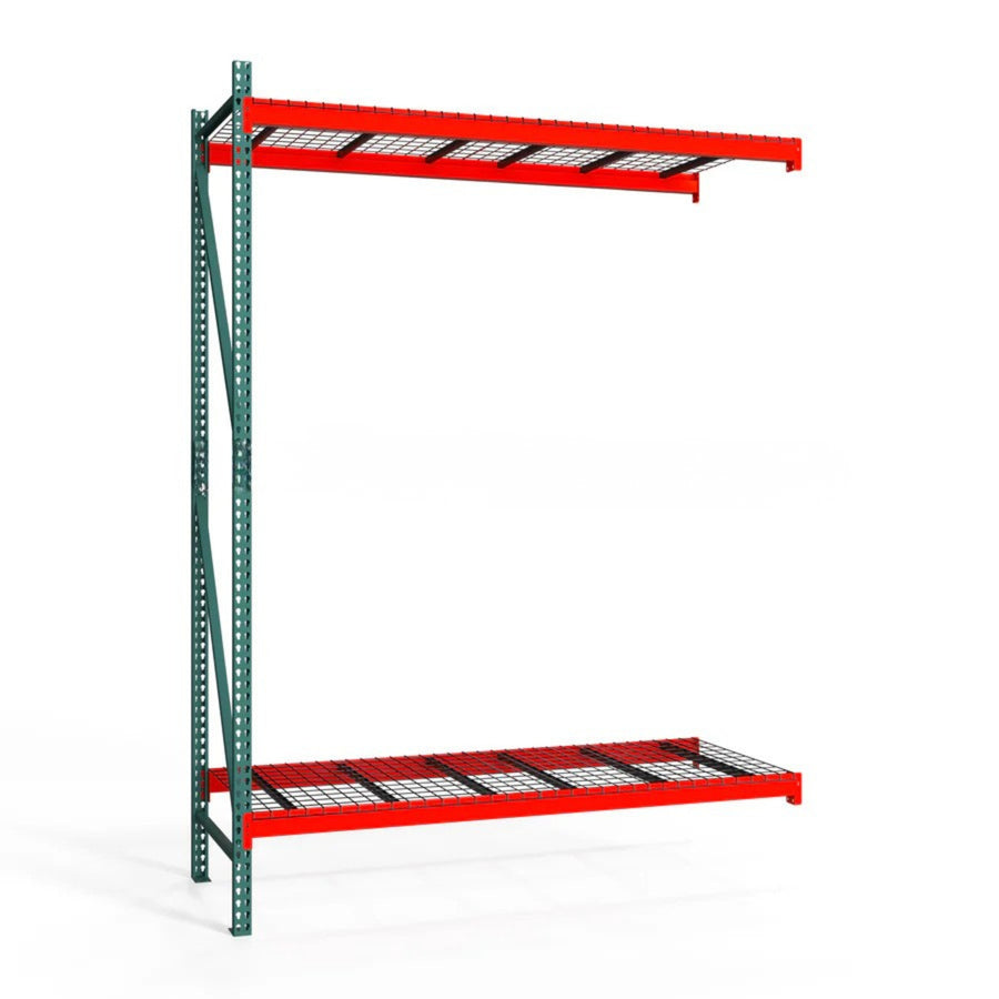 Storage rack with orange beams and green uprights on a white background