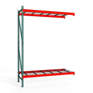 Storage rack with orange beams and green uprights on a white background
