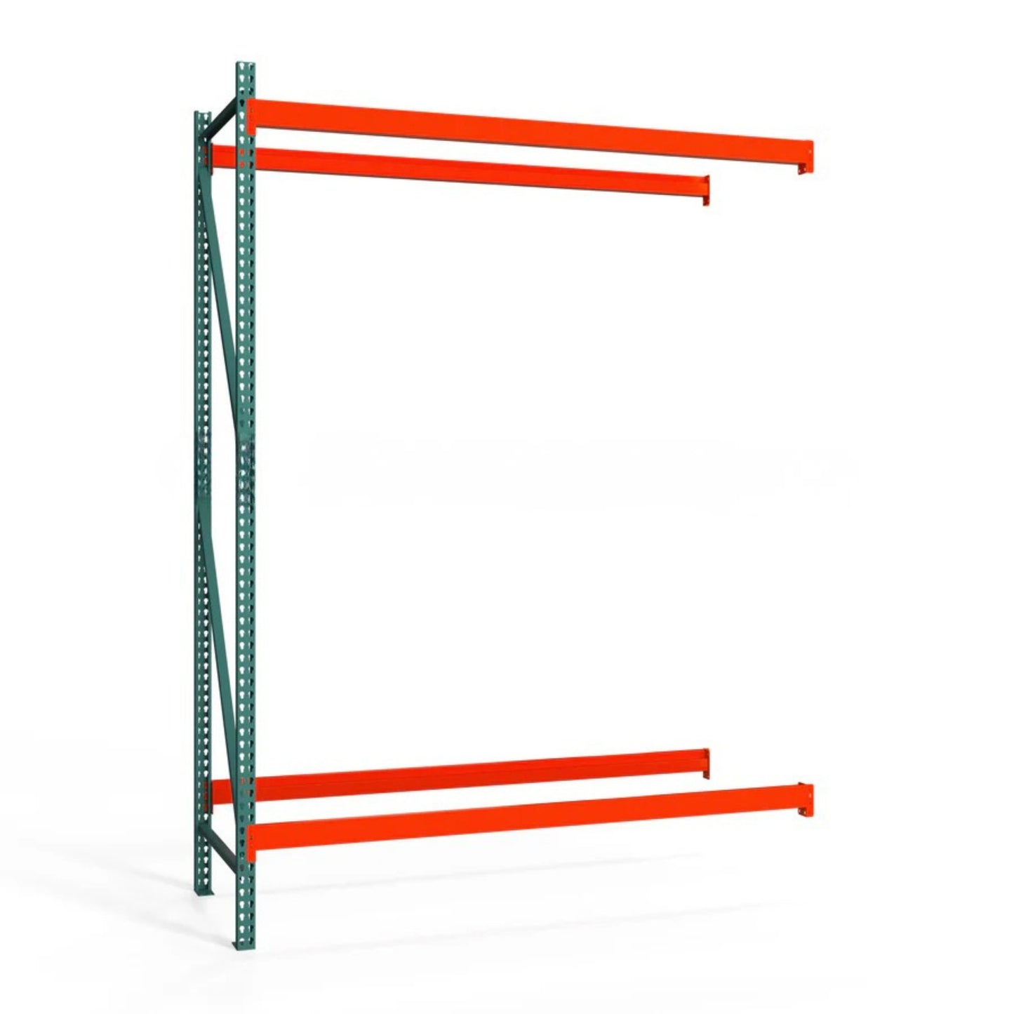 Metal pallet racking unit with orange beams and green uprights on a white background