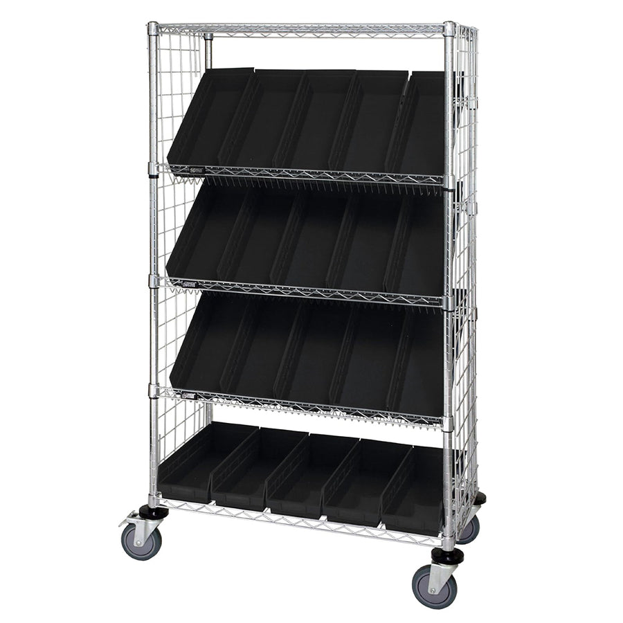 24"d x 36"w x 69"h 5-Tier Enclosed Slanted Wire Shelving Carts with 23-5/8"d x 6-5/8"w x 4"h Bins