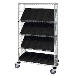 24"d x 36"w x 69"h 5-Tier Enclosed Slanted Wire Shelving Carts with 23-5/8"d x 6-5/8"w x 4"h Bins
