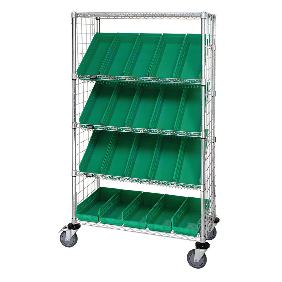 24"d x 36"w x 69"h 5-Tier Enclosed Slanted Wire Shelving Carts with 23-5/8"d x 6-5/8"w x 4"h Bins