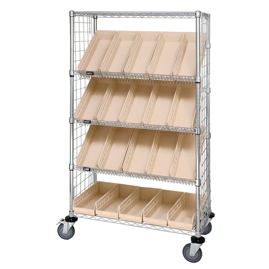 24"d x 36"w x 69"h 5-Tier Enclosed Slanted Wire Shelving Carts with 23-5/8"d x 6-5/8"w x 4"h Bins