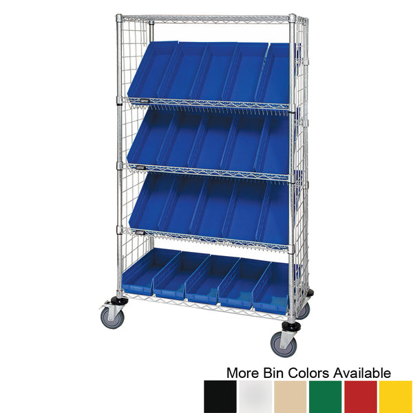 18"d x 36"w x 69"h 5-Tier Enclosed Slanted Wire Shelving Carts with 17-7/8"d x 6-5/8"w x 4"h Bins