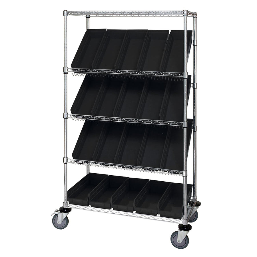 24"d x 36"w x 69"h 5-Tier Open Slanted Wire Shelving Carts with 23-5/8"d x 6-5/8"w x 4"h Bins