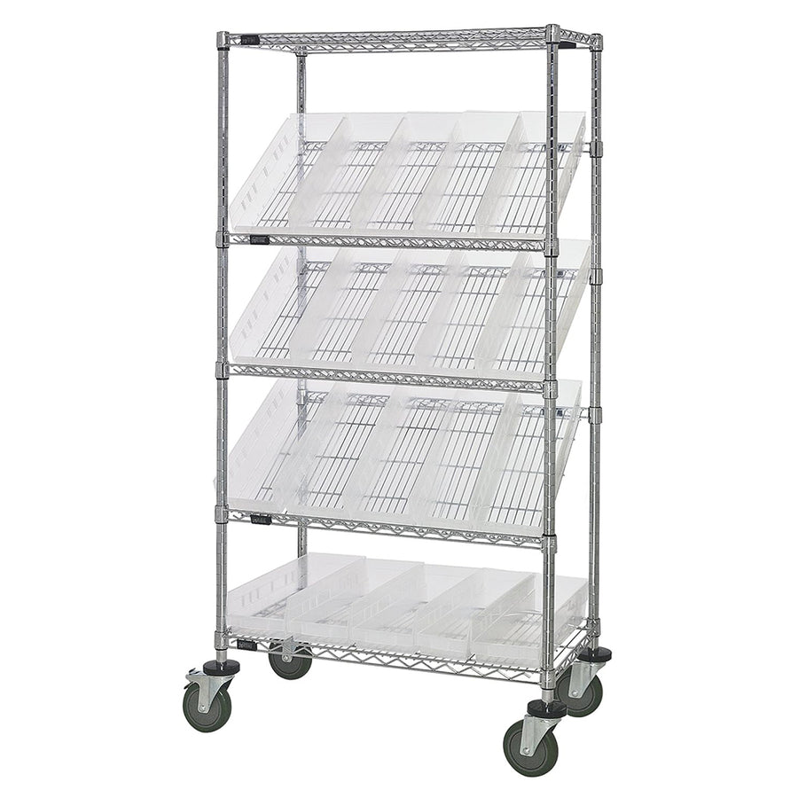 24"d x 36"w x 69"h 5-Tier Open Slanted Wire Shelving Carts with 23-5/8"d x 6-5/8"w x 4"h Bins