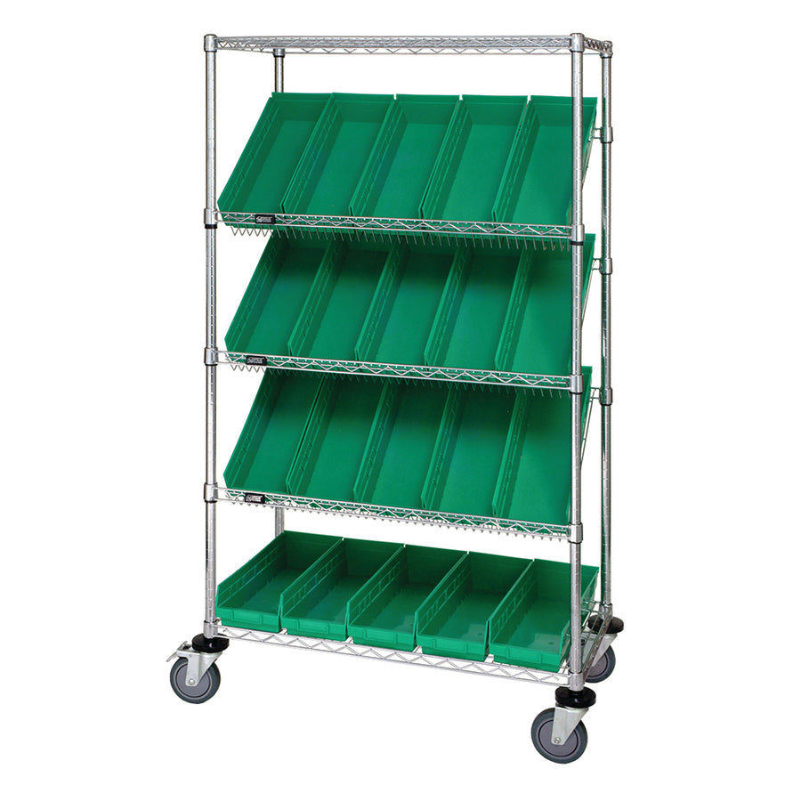 24"d x 36"w x 69"h 5-Tier Open Slanted Wire Shelving Carts with 23-5/8"d x 6-5/8"w x 4"h Bins