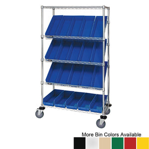 24"d x 36"w x 69"h 5-Tier Open Slanted Wire Shelving Carts with 23-5/8"d x 6-5/8"w x 4"h Bins