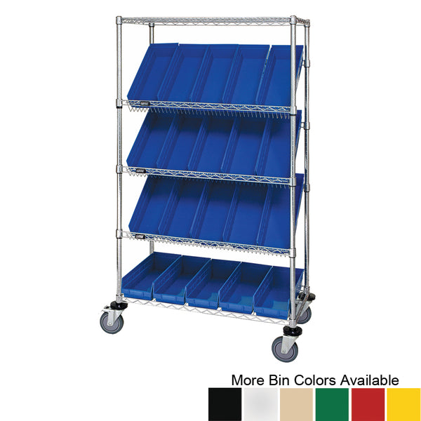 18"d x 36"w x 69"h 5-Tier Open Slanted Wire Shelving Carts with 17-7/8"d x 6-5/8"w x 4"h Bins