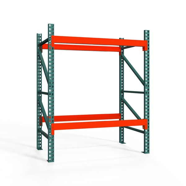 Storage pallet rack with orange beams and green uprights on a white background