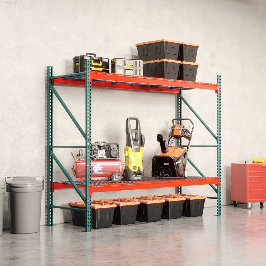 Storage rack with various items in a room with gray walls and a concrete floor.