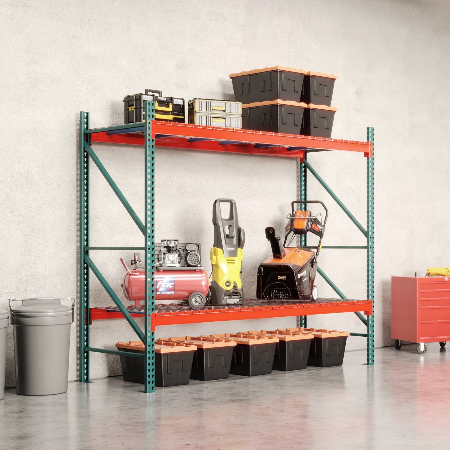 Storage rack with various items in a room with gray walls and a concrete floor.