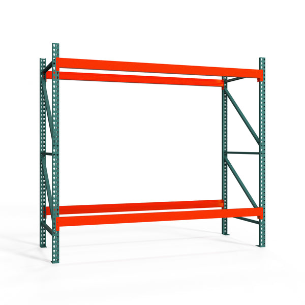 Storage rack with orange beams and green uprights on a white background