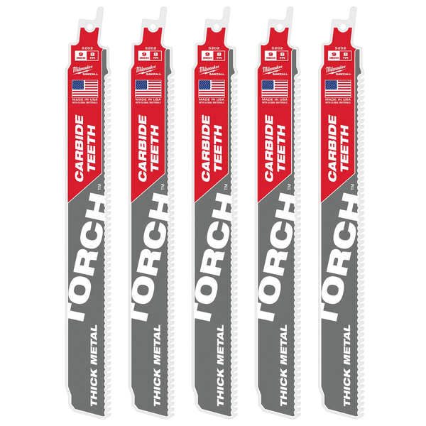 Milwaukee 8TPI 9" TORCH™ w/ Carbide Teeth SAWZALL® Blade (5PK) (48-00-5502)