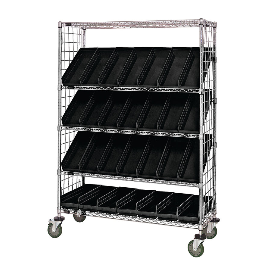 24"d x 48"w x 69"h 5-Tier Enclosed Slanted Wire Shelving Carts with 23-5/8"d x 6-5/8"w x 4"h Bins