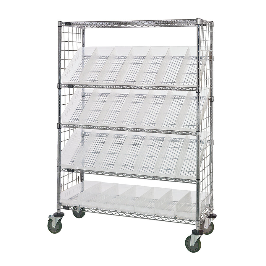 24"d x 48"w x 69"h 5-Tier Enclosed Slanted Wire Shelving Carts with 23-5/8"d x 6-5/8"w x 4"h Bins