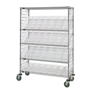24"d x 48"w x 69"h 5-Tier Enclosed Slanted Wire Shelving Carts with 23-5/8"d x 6-5/8"w x 4"h Bins