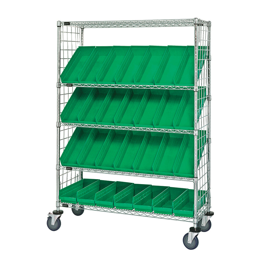 24"d x 48"w x 69"h 5-Tier Enclosed Slanted Wire Shelving Carts with 23-5/8"d x 6-5/8"w x 4"h Bins