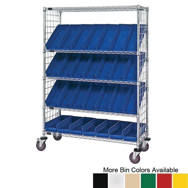 18"d x 48"w x 69"h 5-Tier Enclosed Slanted Wire Shelving Carts with 17-7/8"d x 6-5/8"w x 4"h Bins
