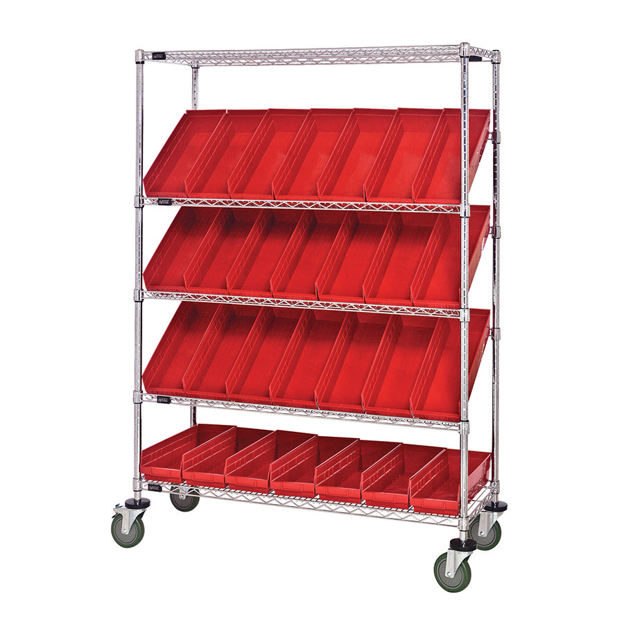 18"d x 48"w x 69"h 5-Tier Open Slanted Wire Shelving Carts with 17-7/8"d x 6-5/8"w x 4"h Bins