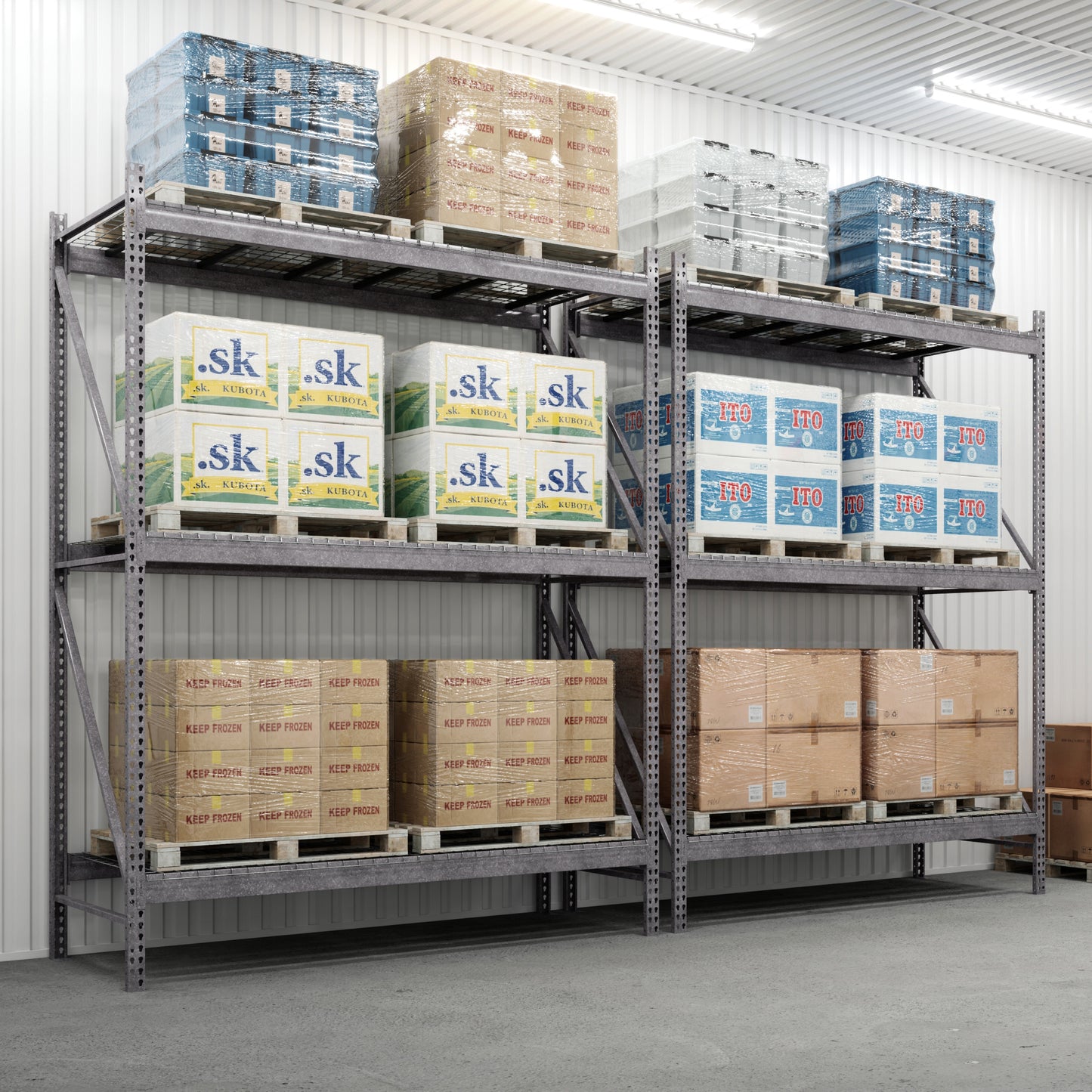 3-Tier Galvanized Teardrop Pallet Rack Starter Units w/ Wire Decking - 42"d x 144"h