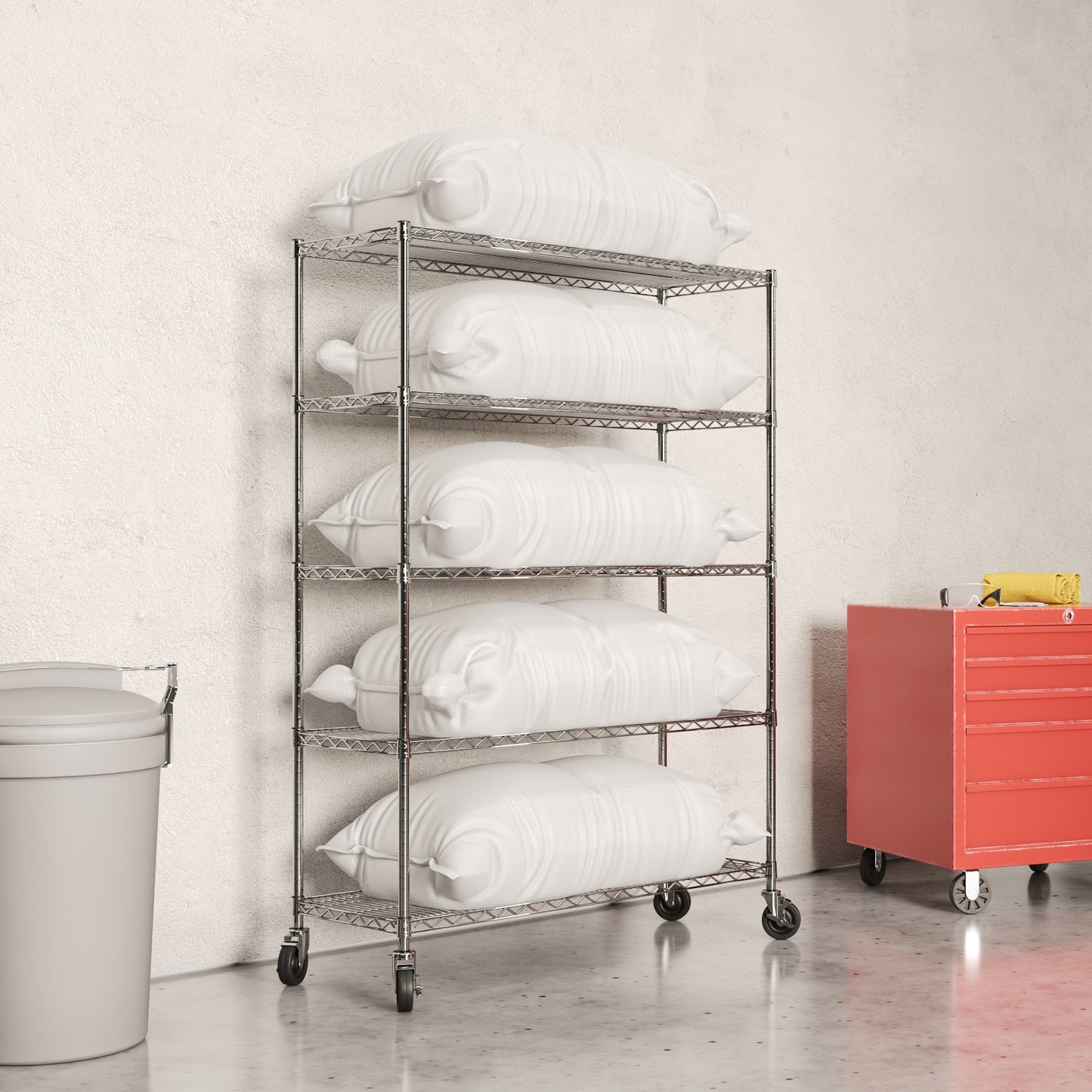 12"d x 42"w - 5-Shelf Chrome Wire Carts w/ 3" Casters