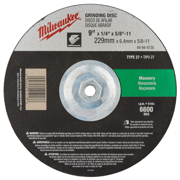 Milwaukee 9" x 1/4" x 5/8-11" Grinding Wheel (Type 27) (49-94-9735)