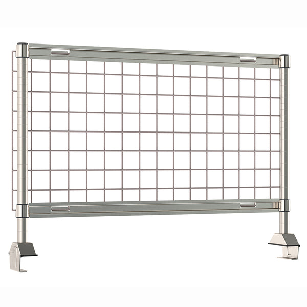 Metro TableWorx riser system with gray epoxy-coated steel wire grid and stainless steel grid hanging rails and vertical mounting posts.