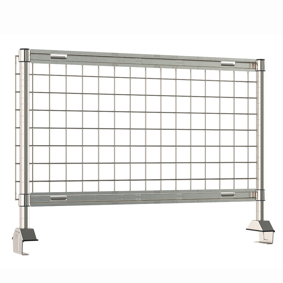 Metro TableWorx stainless steel riser system with wire grid, grid hanging rails, and vertical mounting posts.