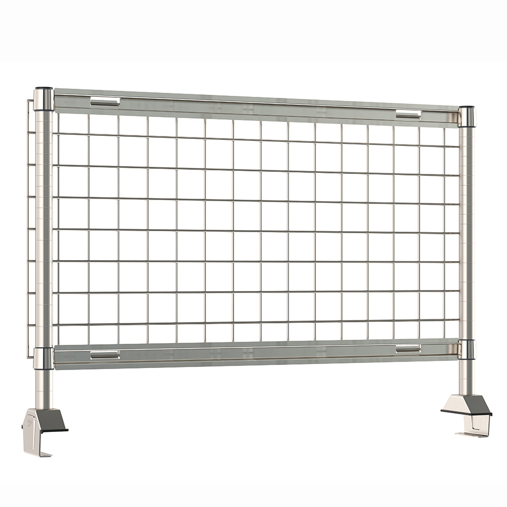 Metro TableWorx stainless steel riser system with wire grid, grid hanging rails, and vertical mounting posts.