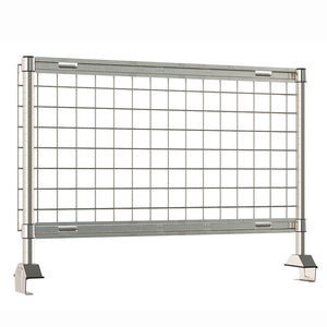 Metro TableWorx stainless steel riser system with wire grid, grid hanging rails, and vertical mounting posts.