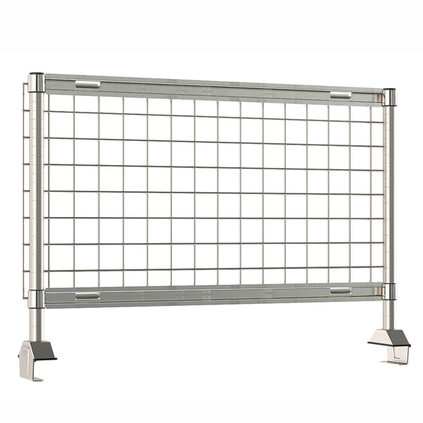 Metro TableWorx stainless steel riser system with wire grid, grid hanging rails, and vertical mounting posts.