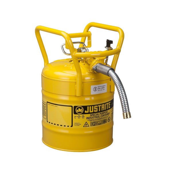 Justrite Type II AccuFlow D.O.T. Steel Safety Can, 5 Gallon, 1" Metal Hose, Roll Bars, Yellow (7350230DOT)