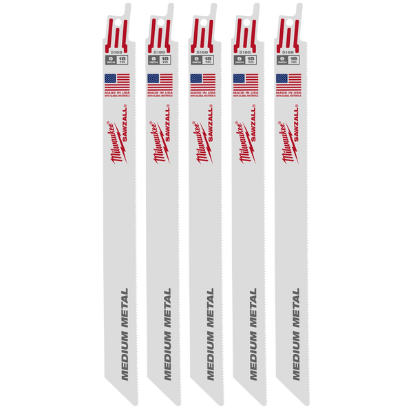 Milwaukee 9" 18 TPI SAWZALL Blade for Medium Metal (5 PK) (48-00-5188)