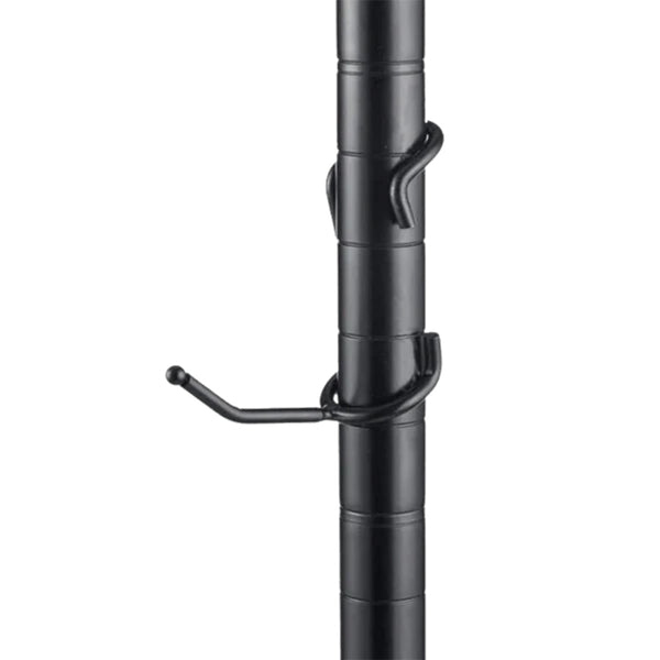 2-inch black powder-coated steel all-purpose post hook mounted on a 1-inch diameter black wire shelving post.