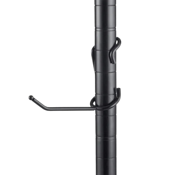 4-inch black powder-coated steel all-purpose post hook mounted on a 1-inch diameter black wire shelving post.