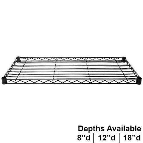 Black epoxy-coated wire shelf, available in 8, 12, and 18-inch depths for commercial and industrial storage.