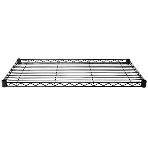 Black epoxy-coated wire shelf, compatible with 1-inch wire shelving posts for durable, rust-resistant storage.