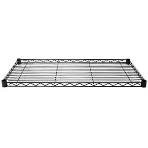 Black epoxy-coated wire shelf, compatible with 1-inch wire shelving posts for durable, rust-resistant storage.