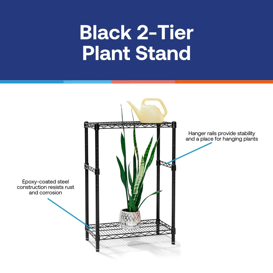 plastic tiered plant stand Shelving Inc. 12"d x 24"w x 34"h Black 2-Tier Plant Stand, Weight Capacity 300lbs Per Shelf, Evenly Distributed