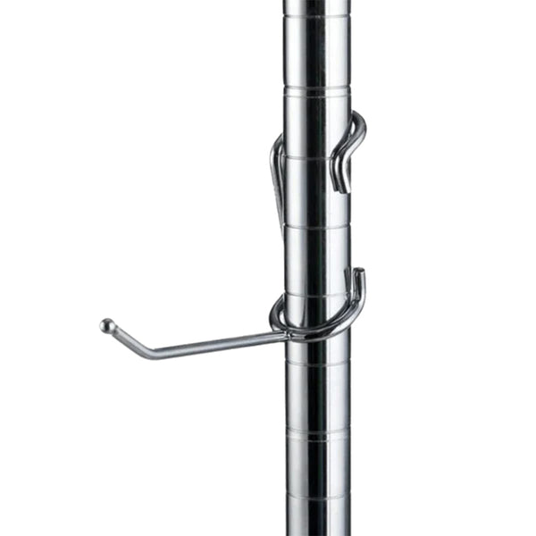 4-inch chrome-plated steel all-purpose post hook mounted on a 1-inch diameter chrome wire shelving post.