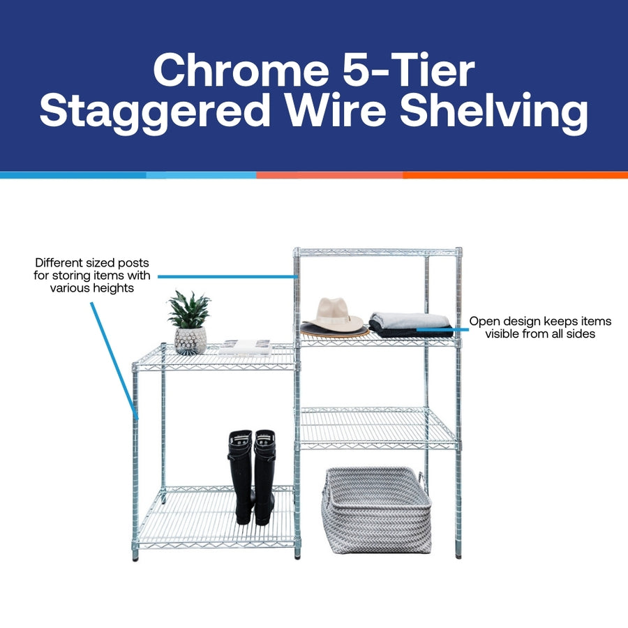 Chrome 5-Tier Staggered Wire Shelving