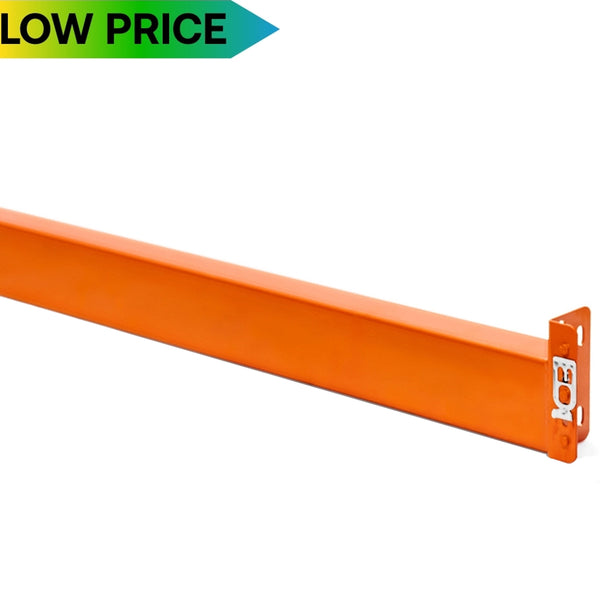 Orange teardrop pallet rack beams on clearance, low-price warehouse racking components for heavy-duty storage.