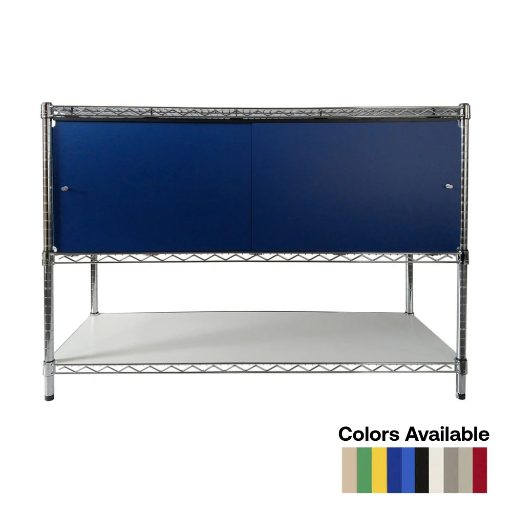 Wire shelving unit with two shelves and a dark blue enclosure panel on a white background