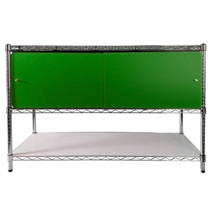 Wire shelving unit with two shelves and a green enclosure panel on a white background