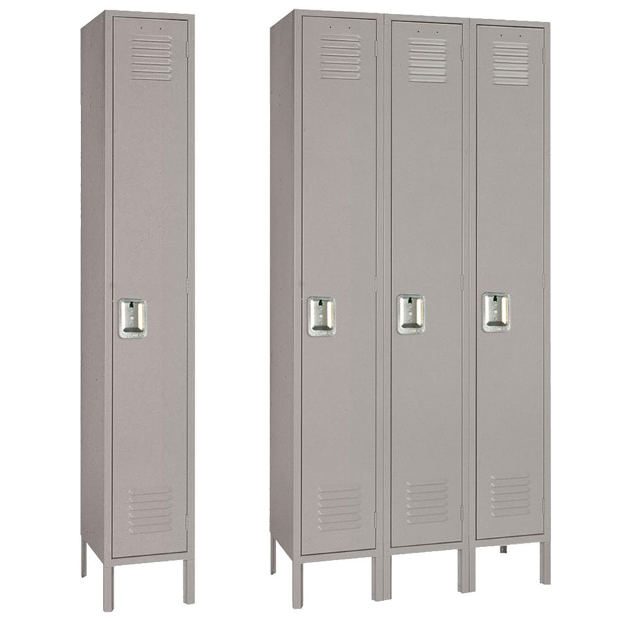 Three gray lockers with metal doors on a white background