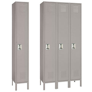 Three gray lockers with metal doors on a white background